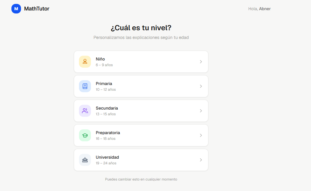 Selector de niveles de MathTutor